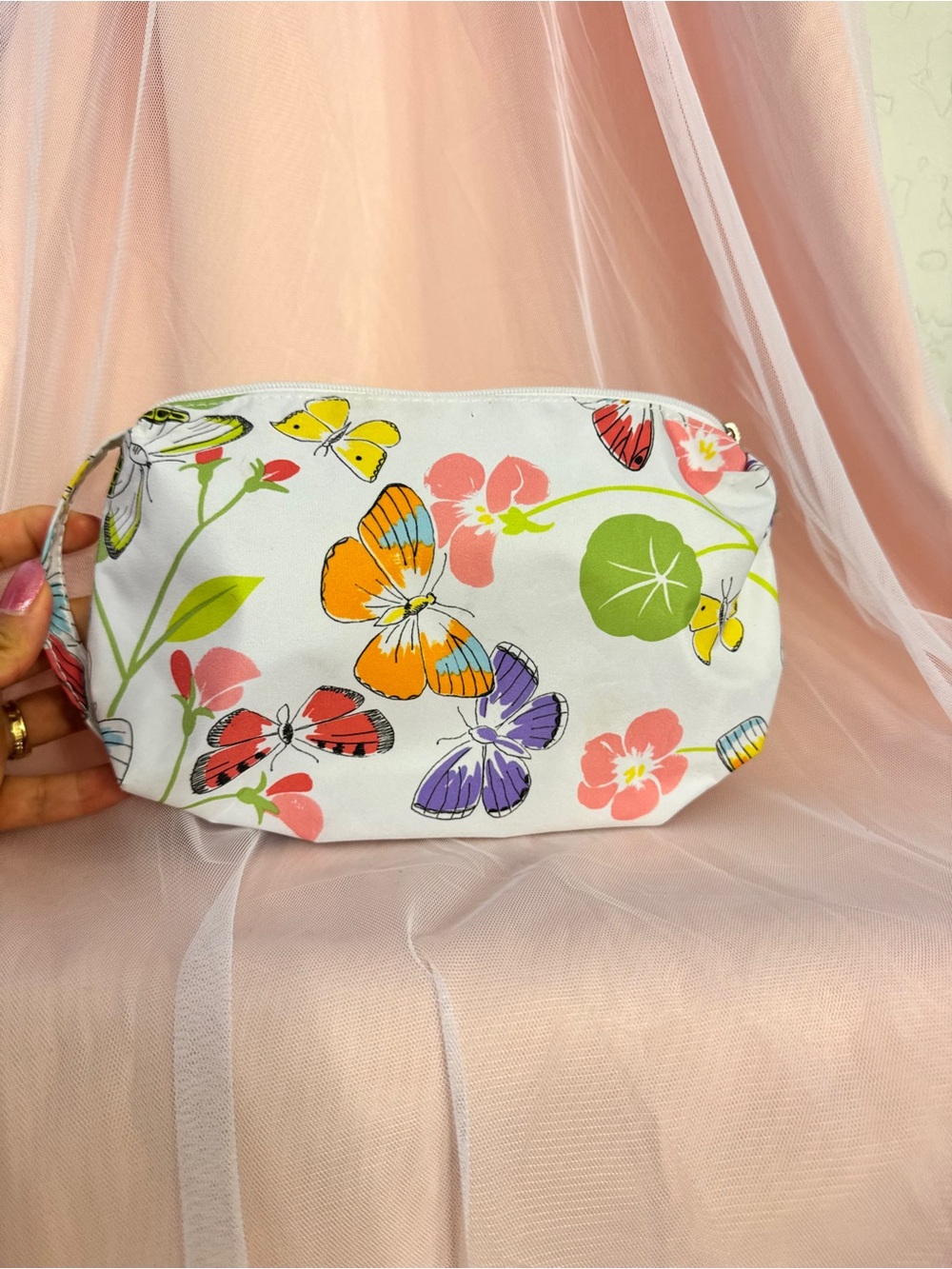 🌟🇺🇸👝Clinique Butterfly Floral Print Zip Makeup Bag Cosmetic Pouch White